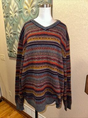 Weatherproof Fair Isle Lambswool Blend Sweater Mens XL Blue V Neck Knit 90s